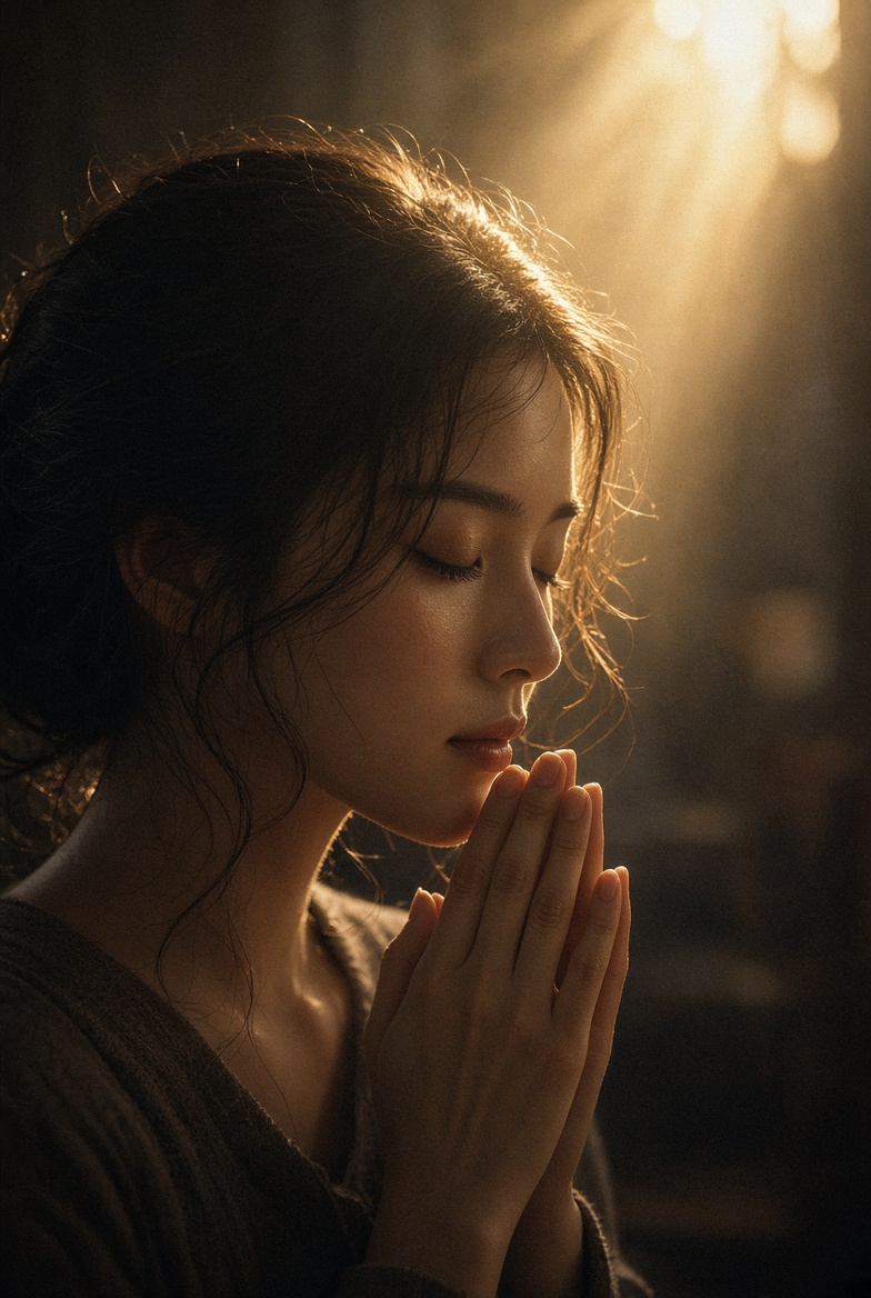 1. Subject & Action
A beautiful East Asian young woman in sincere, quiet prayer.