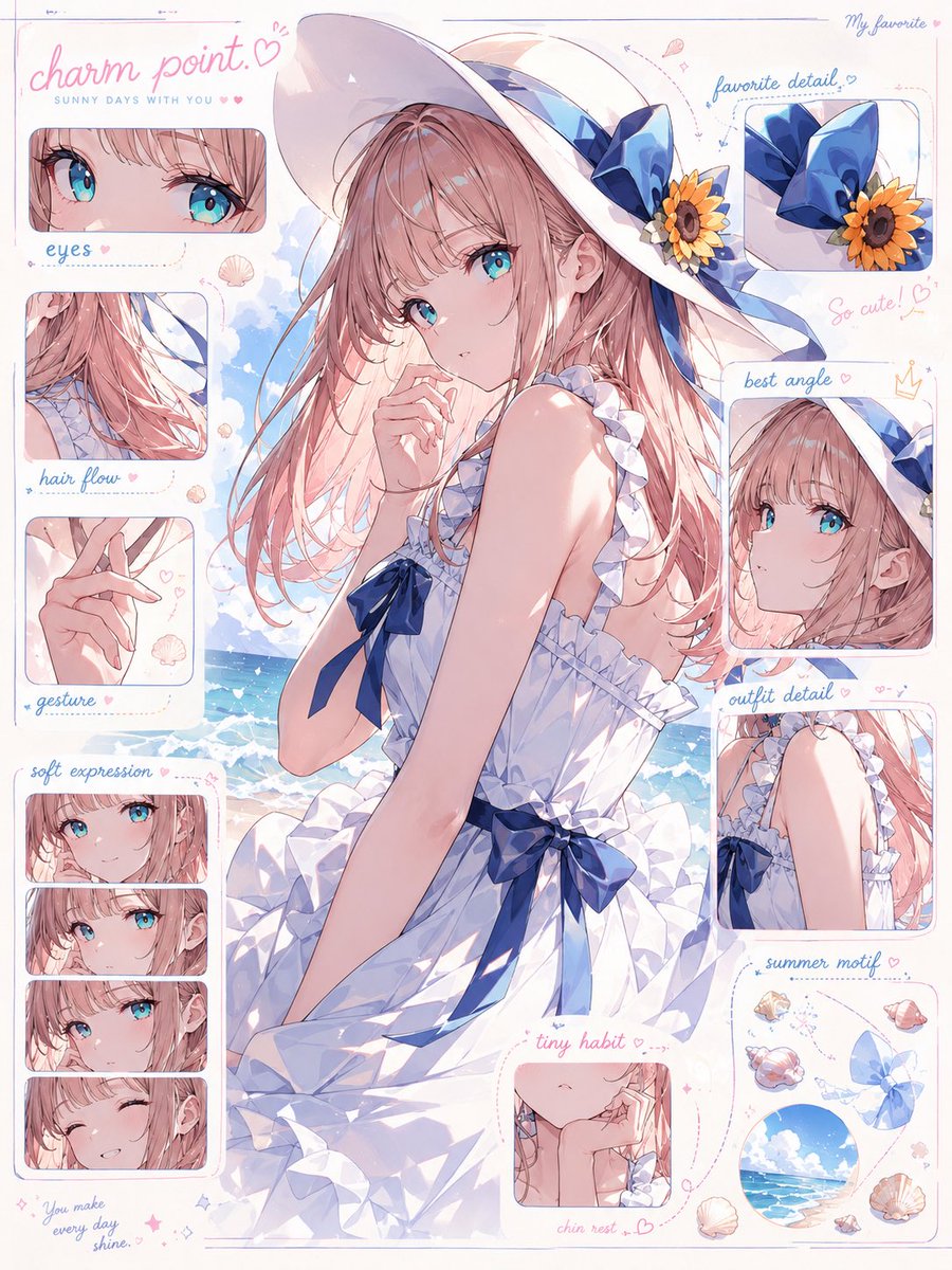 入力されたキャラクター画像をもとに、
そのキャラクターの「魅力解剖図」を1枚のビジュアルとして作成してください。
これは通常のキャラクター設定資料、三面図、プ