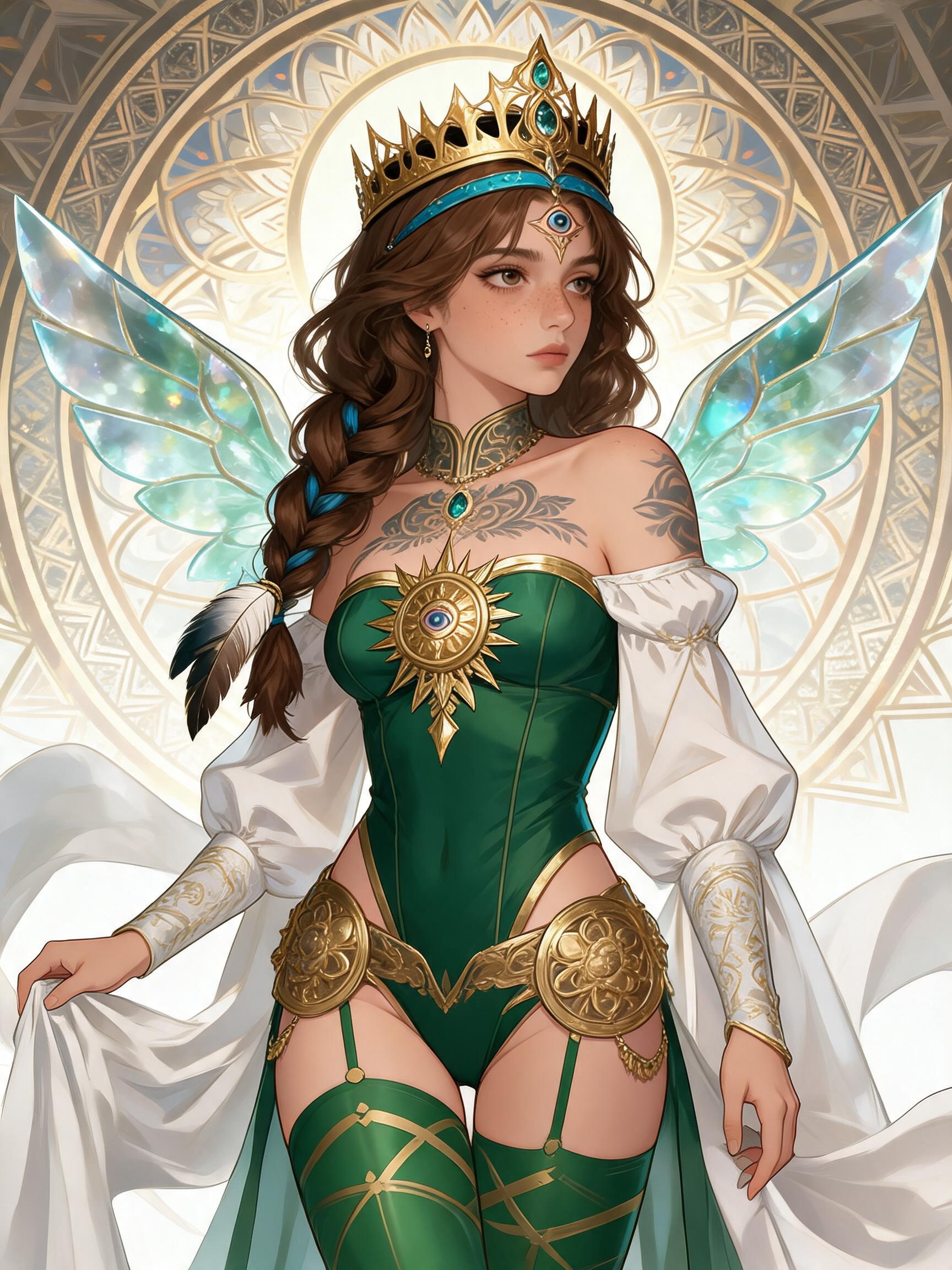 1girl, solo, beautiful woman, goddess, mythological motif, brown hair, curly ha