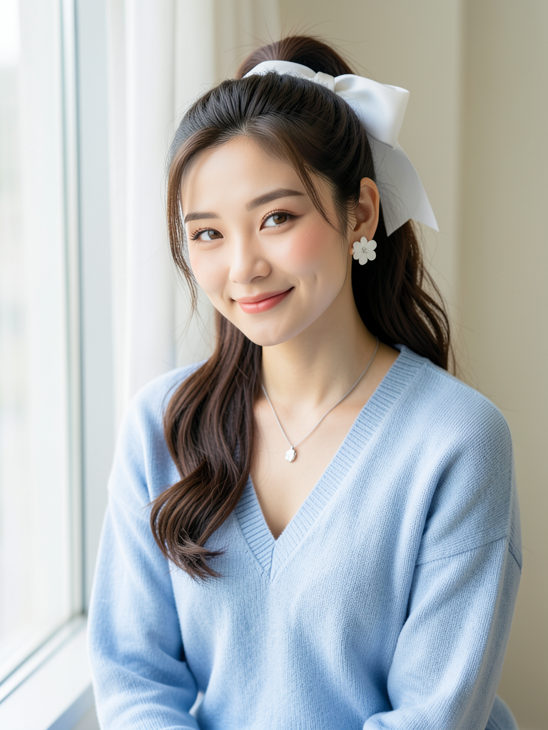 超高画質 8K HDR ラグュジュアリーライフスタイルポートレート。22歳から26歳の美しい東アジア人女性。顔立ち、髪型、表情、スタイリングを忠実に再現。柔らか