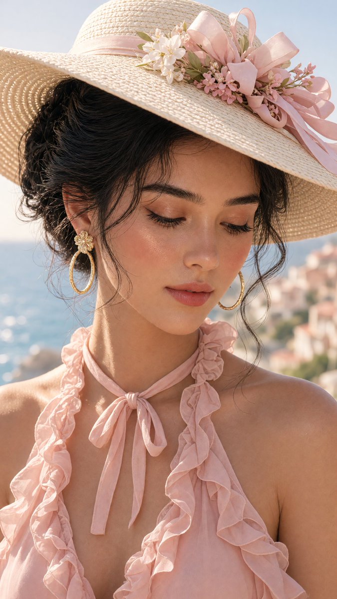 A close-up portrait of a glamorous young woman outdoors near the coast, featurin