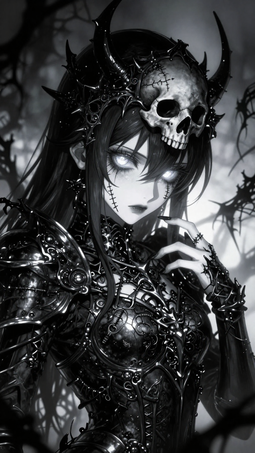 A dark, gothic anime-style character with a porcelain-white complexion emerges f