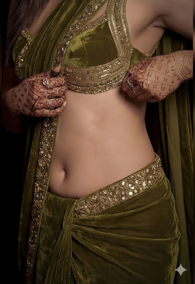 A detailed, high-fashion studio photograph of a woman posing gracefully, wearing