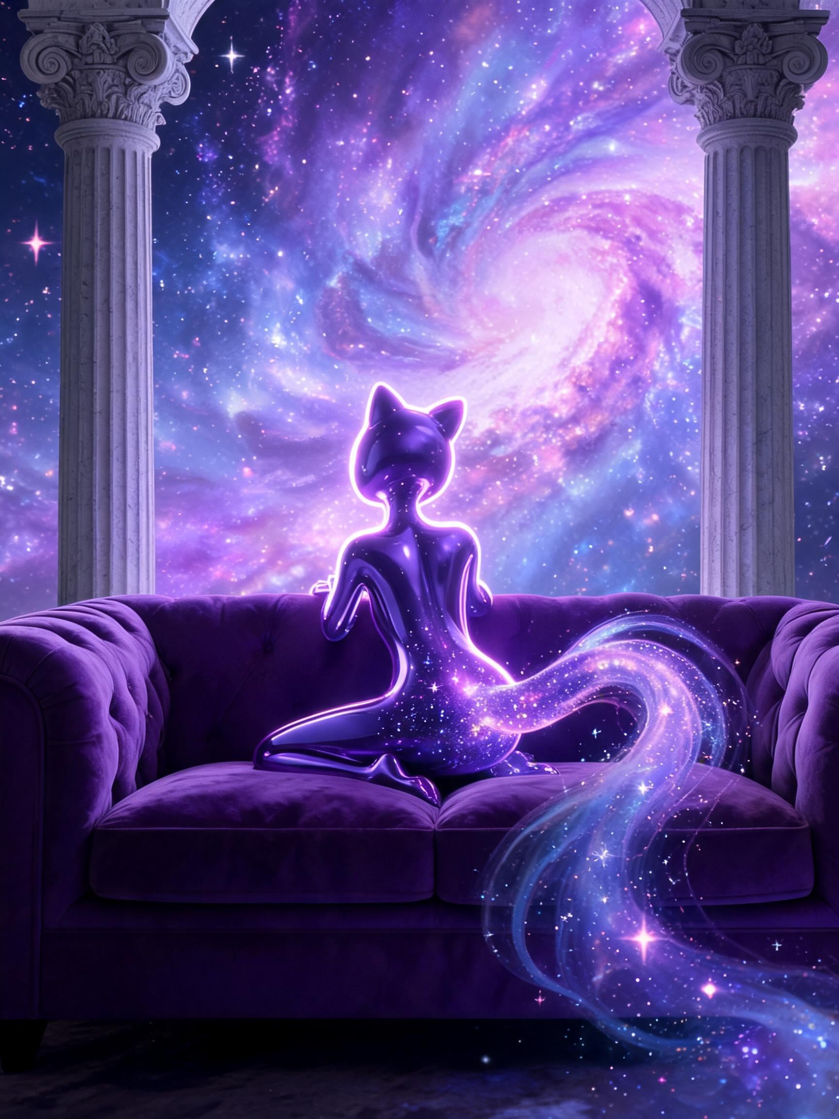 A glossy, anthropomorphic purple figure with a celestial, star-filled tail rests