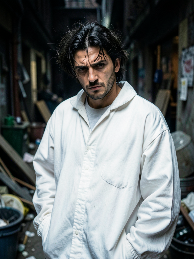 A high-detail photograph of a defiant man posing nonchalantly. he has a messy ae