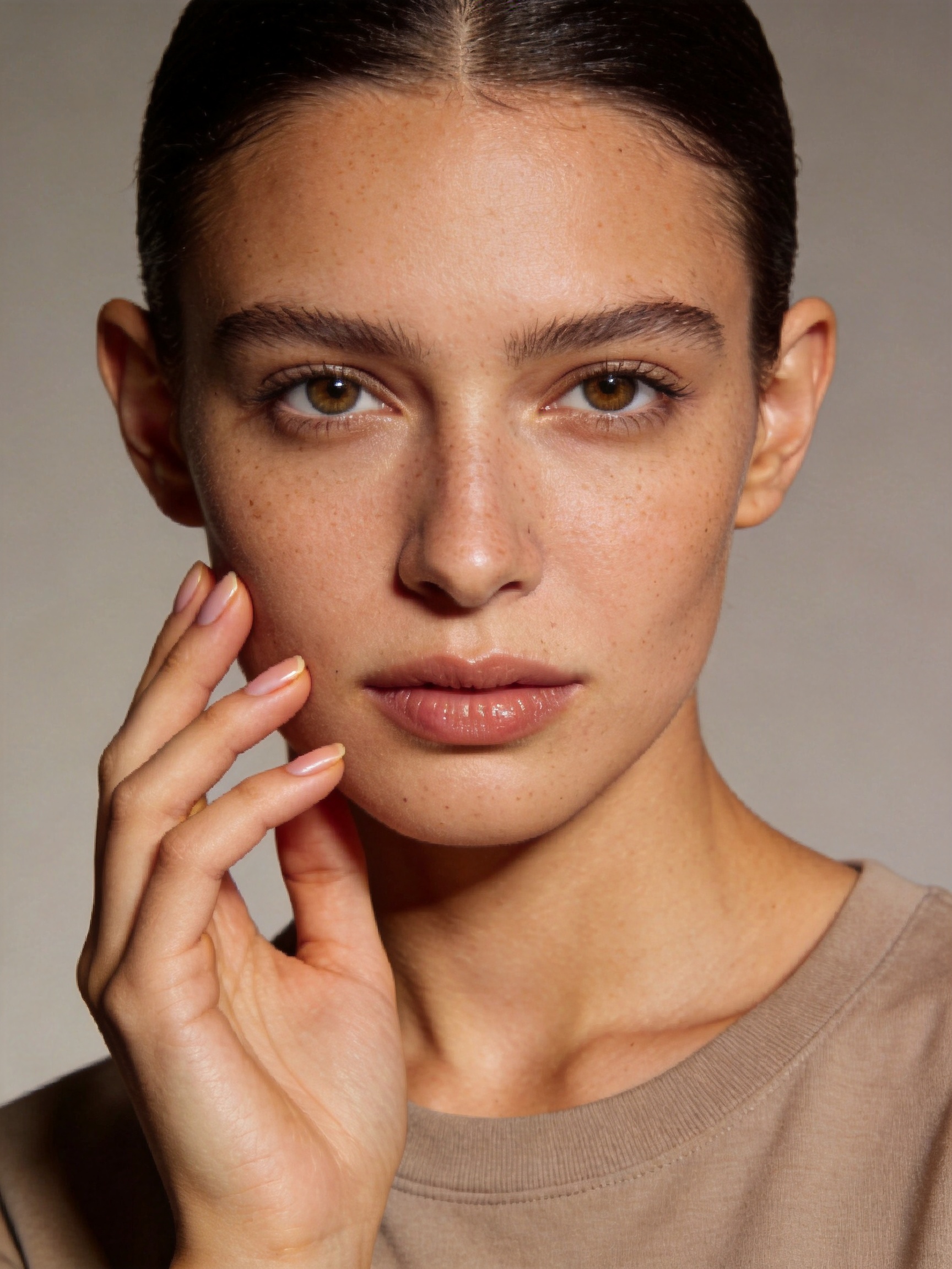 A high-end luxury editorial portrait of a woman with authentic, natural beauty,