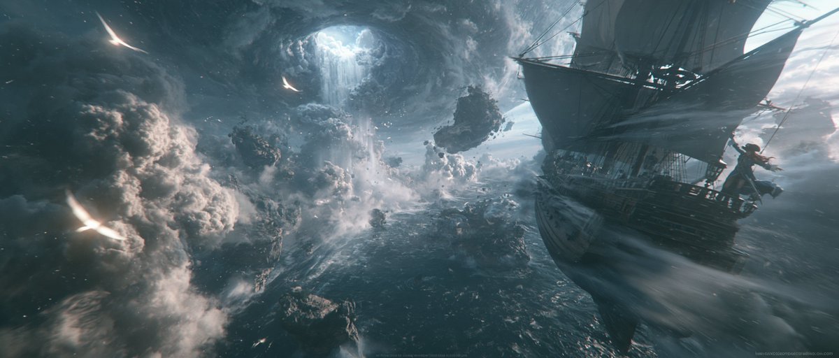 A massive flying pirate ship approaching the legendary waterfall at the edge of