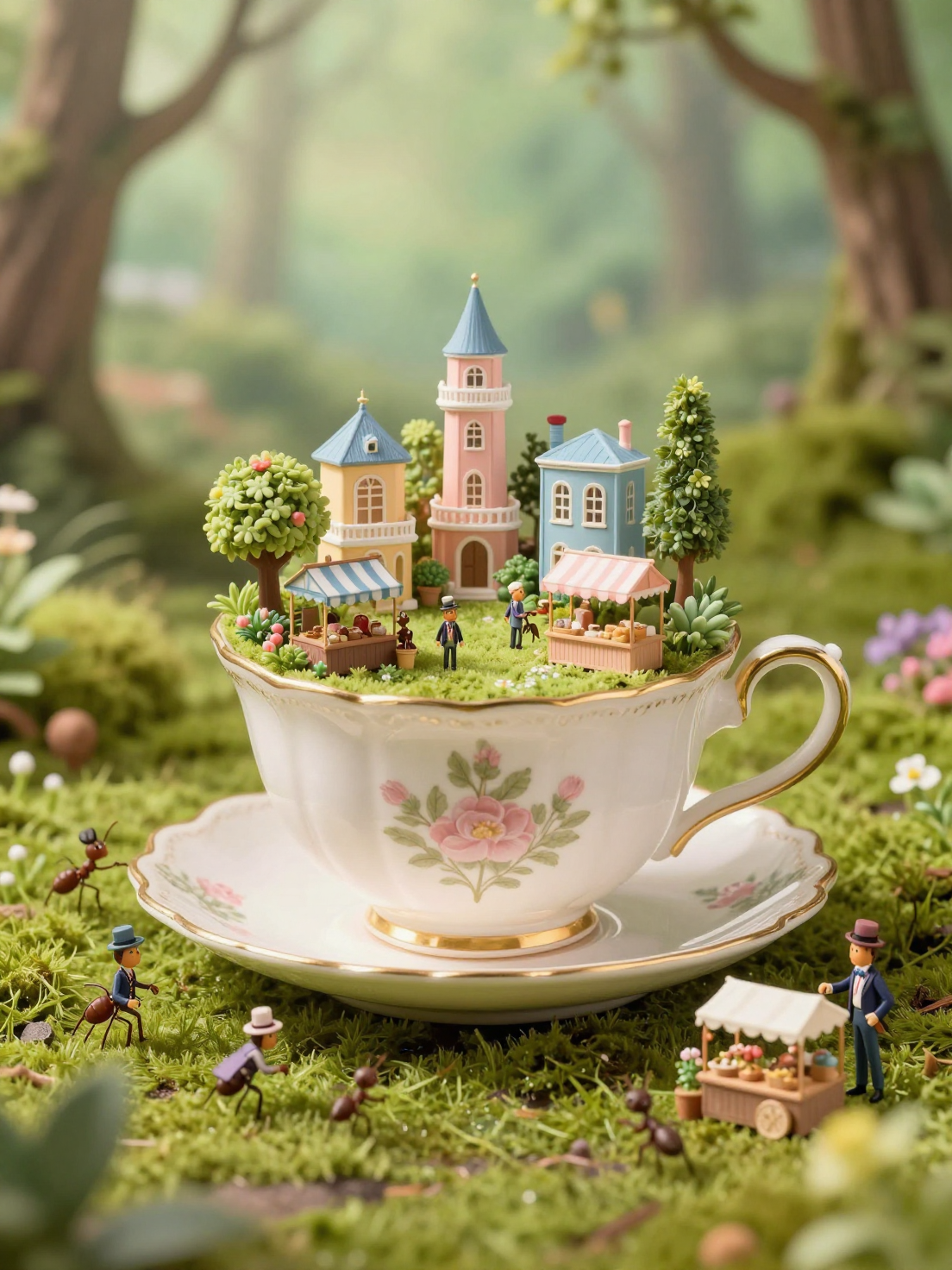 A miniature city inside a giant, antique teacup, delicately balanced on a mossy