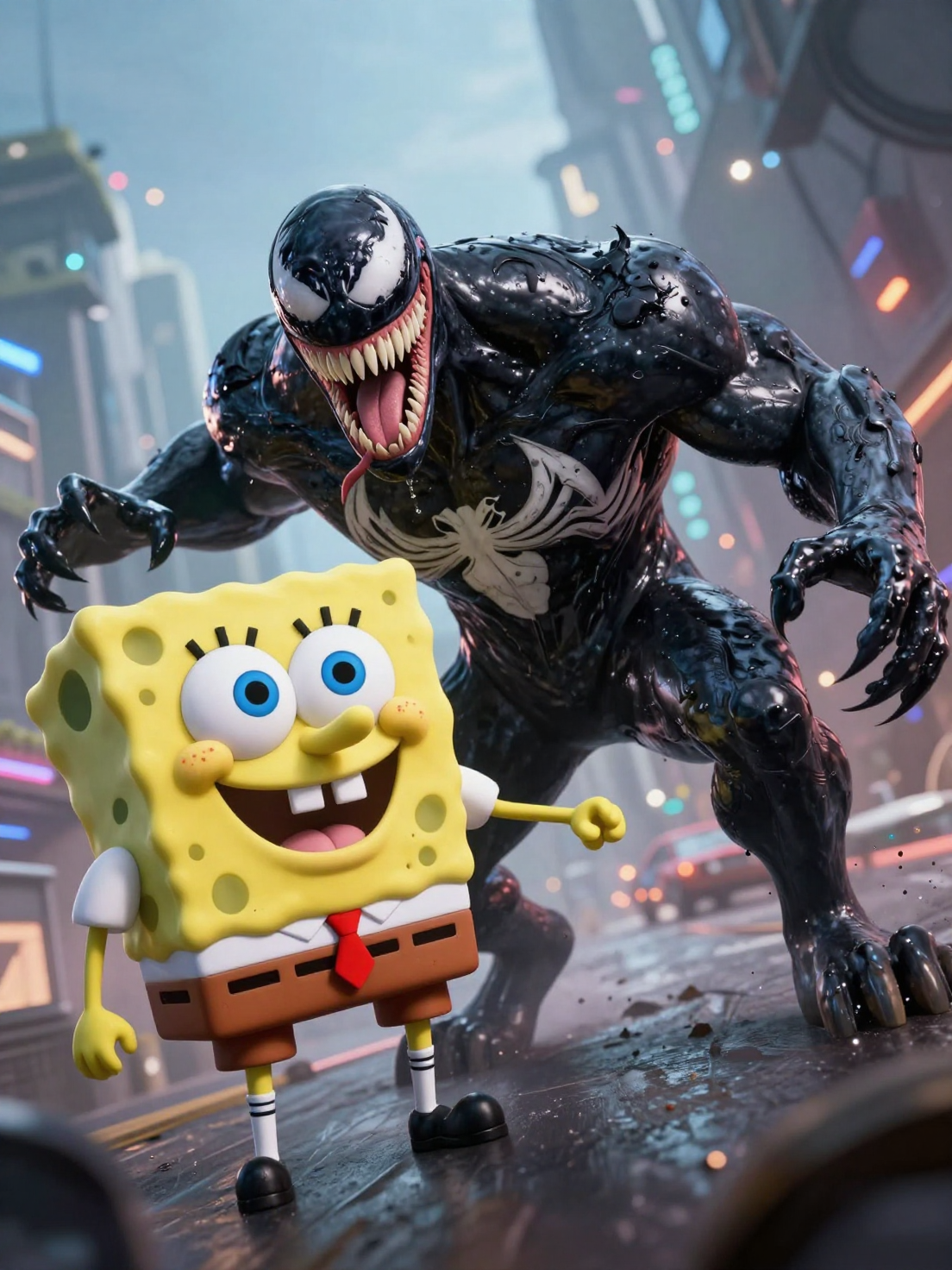 A mix of Venom and Sponge bob! The style is highly detailed, hyperrealistic, cin