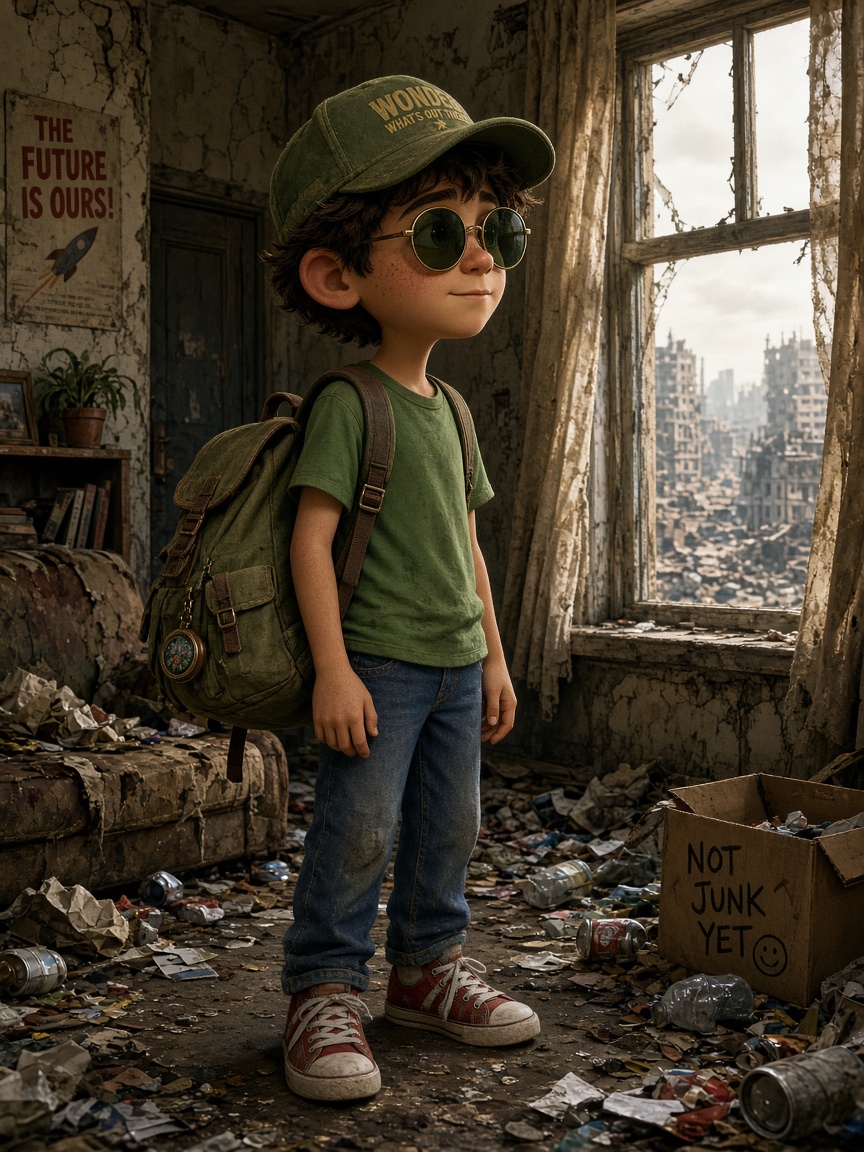 A Pixar-style animated portrait of a young, quirky boy wearing a cap, sunglasses