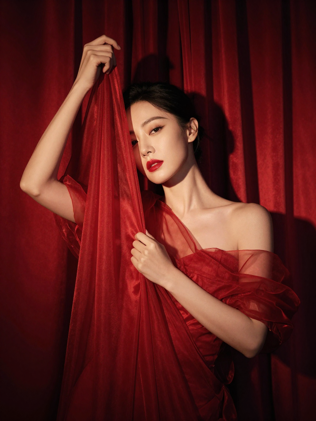A poised woman in a sculptural translucent red draped garment grips a gathered c