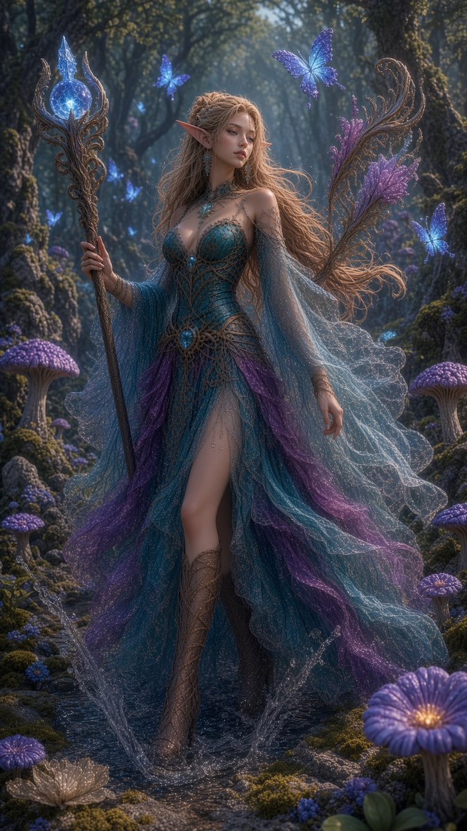 A stunning beautiful elven woman with pointed ears, long wavy blonde hair in a h