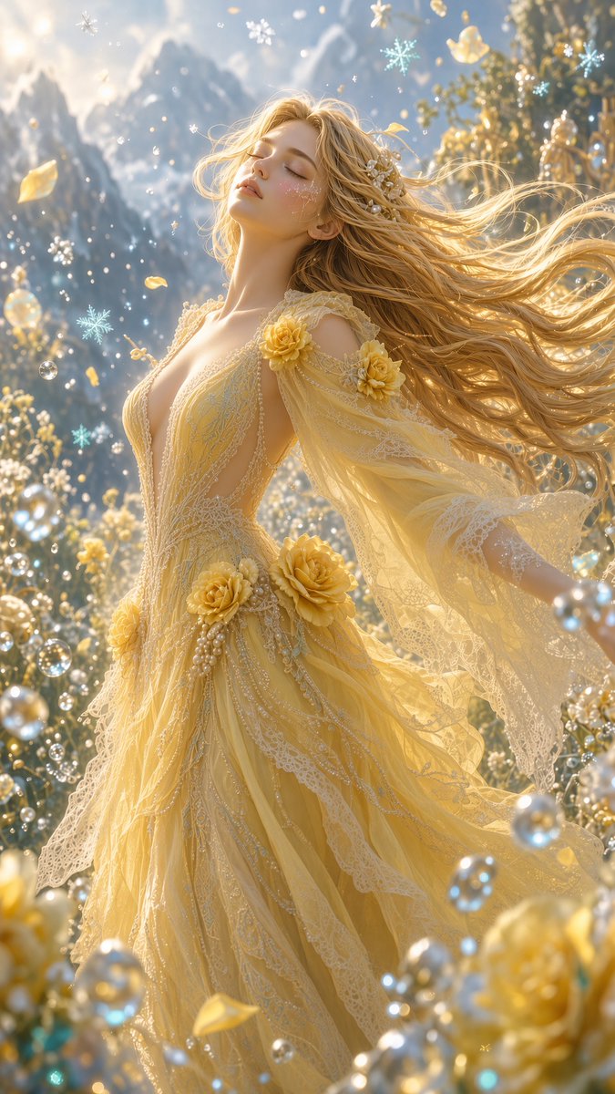 A stunning young goddess-like woman with long golden blonde hair, luminous skin,