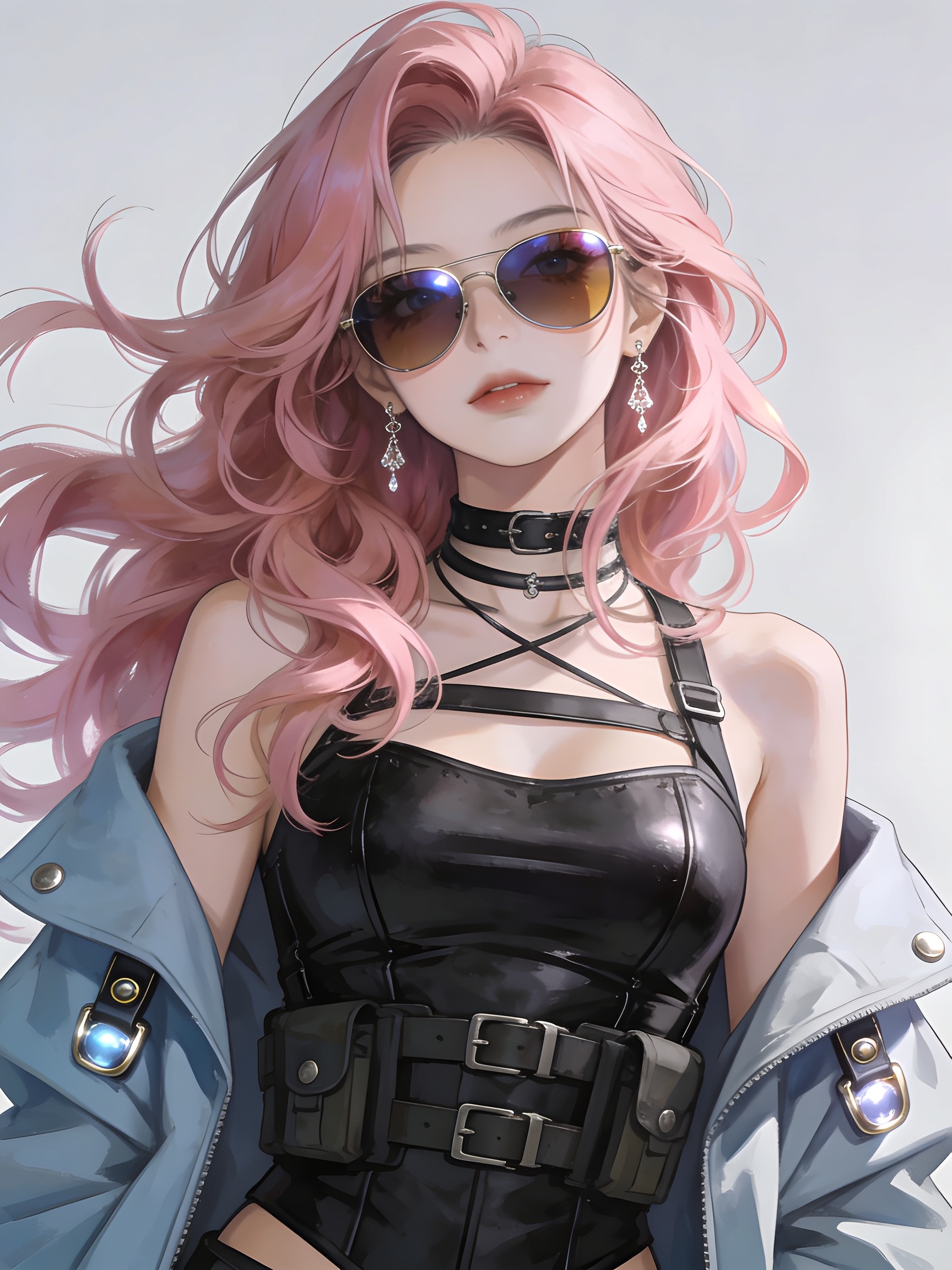 A stylish anime woman faces the viewer in a confident, relaxed pose, her volumin