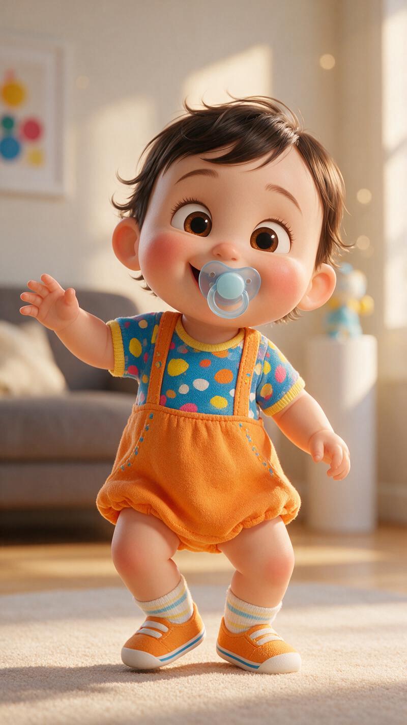 A super cute 3D animated baby with chubby cheeks, big sparkling eyes, wearing a