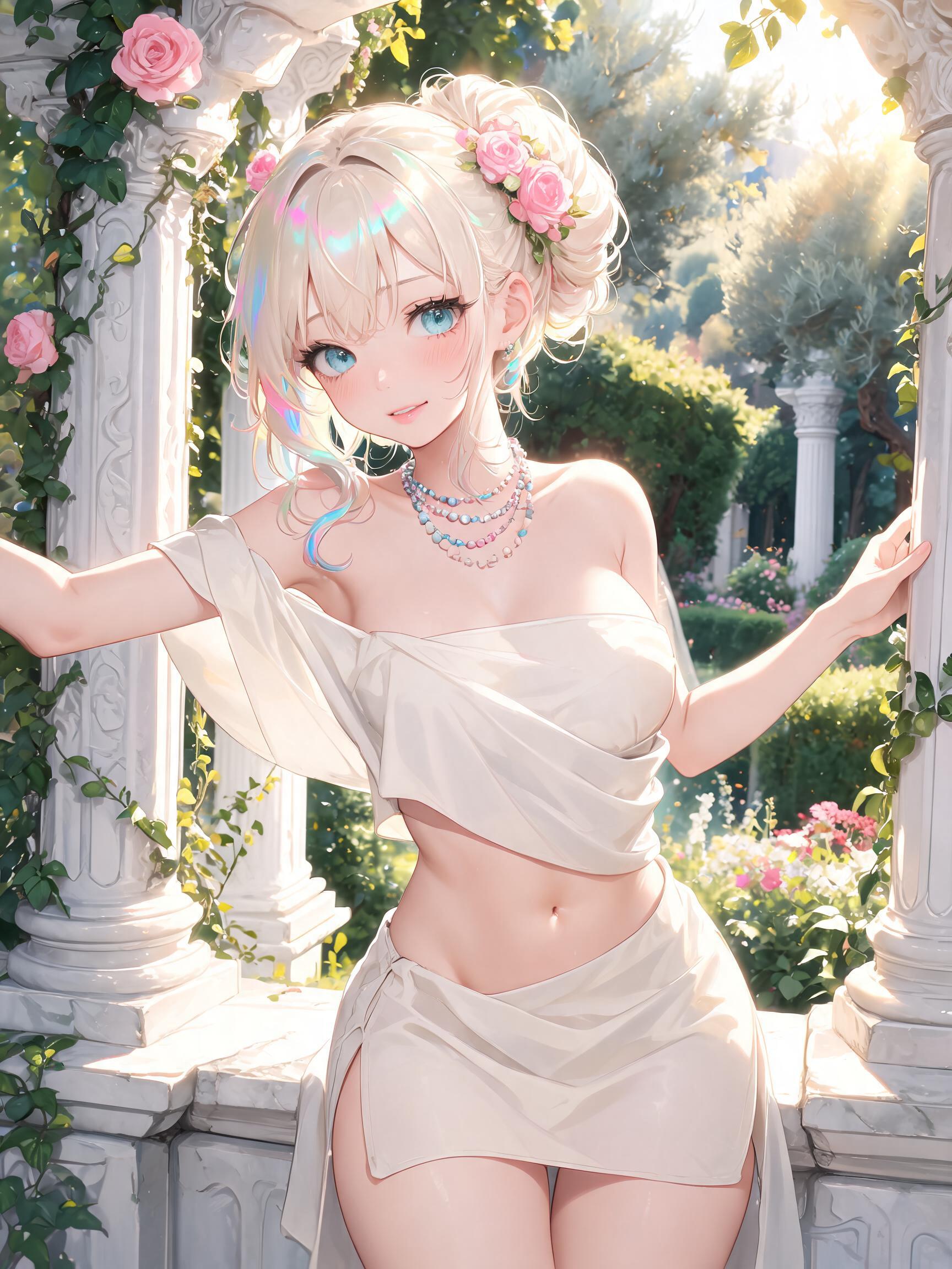 a super cute young college student with flowing soft platinum blonde hair with r