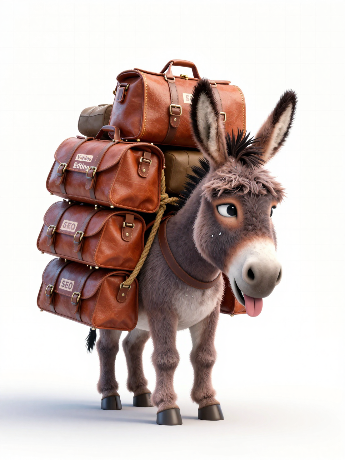 A weary, anthropomorphic donkey with disheveled fur and a slumped posture stands