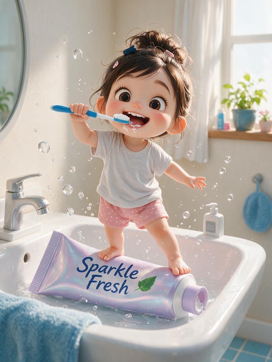 A whimsical, ultra-detailed 3D illustration of a cute toddler girl with an overs