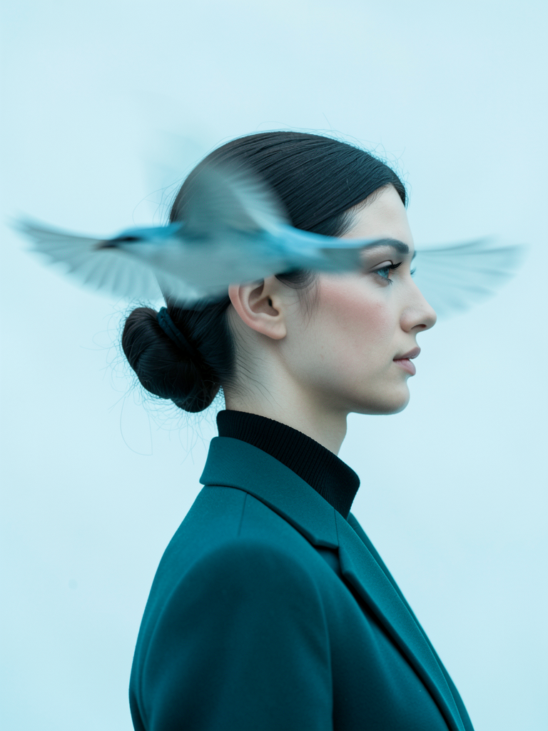 A young woman stands in strict right-facing profile, her dark hair pulled into a