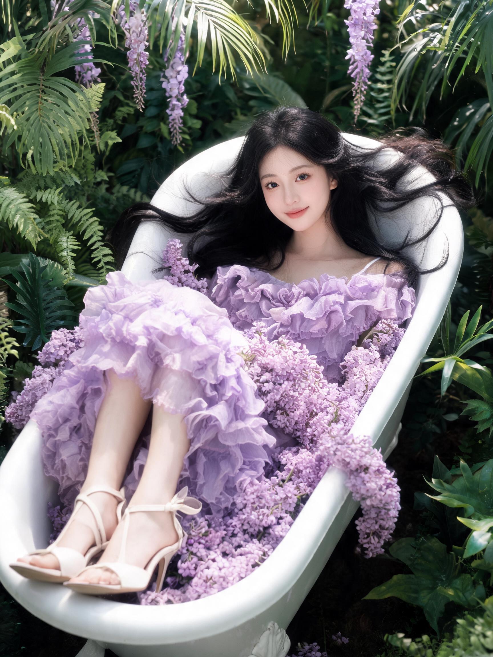 A young woman wearing an elaborate, ruffled lilac purple gown and a black hair f