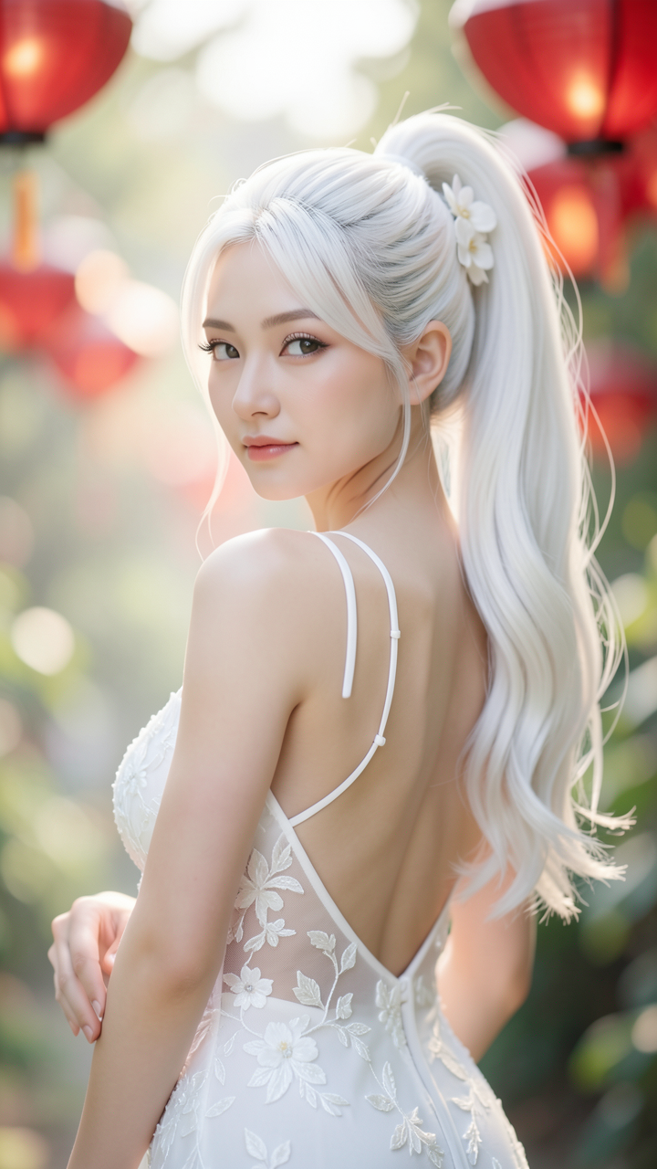 A youthful woman with voluminous, platinum-white hair styled in a high ponytail