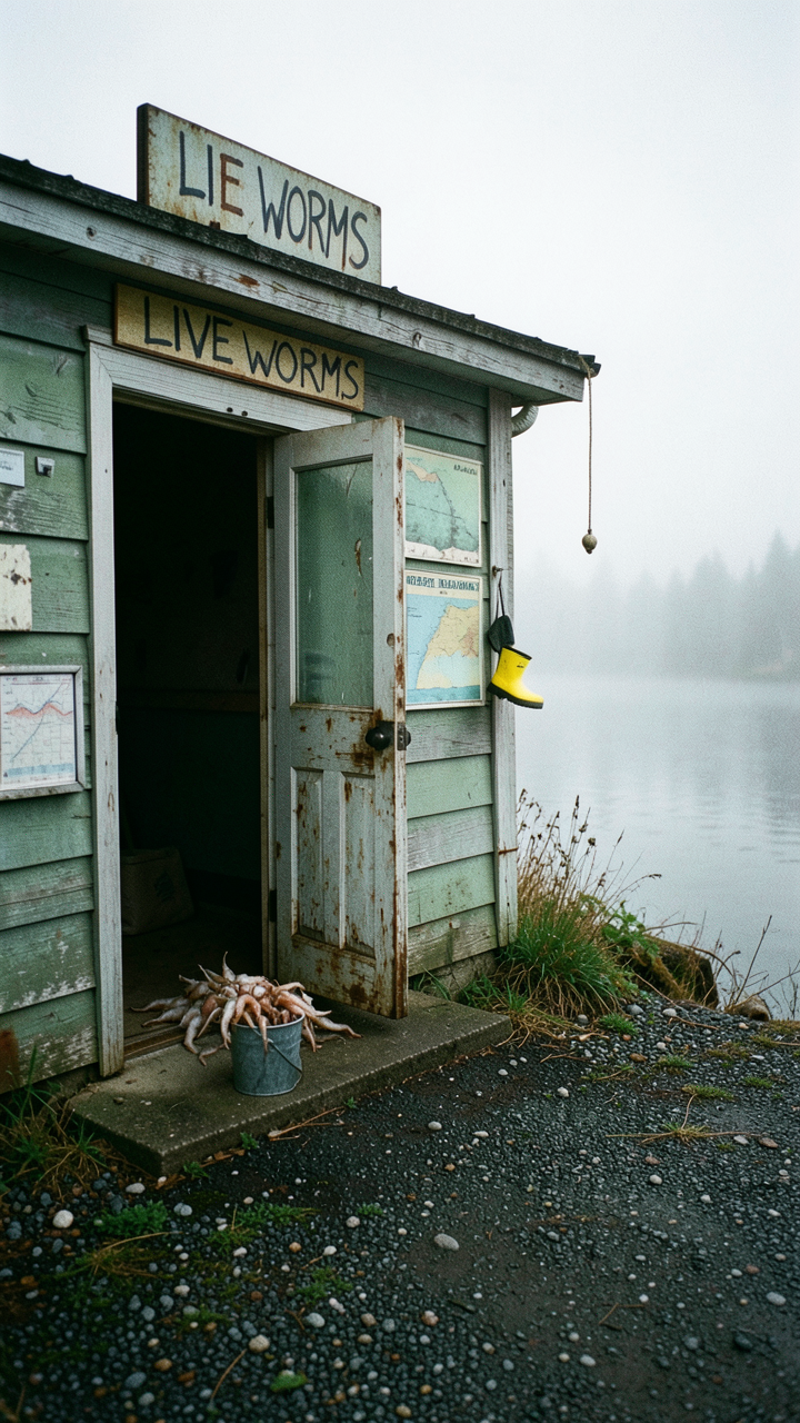 Abandoned bait shop, coastal fogOvercast morning in late October, a deserted bai