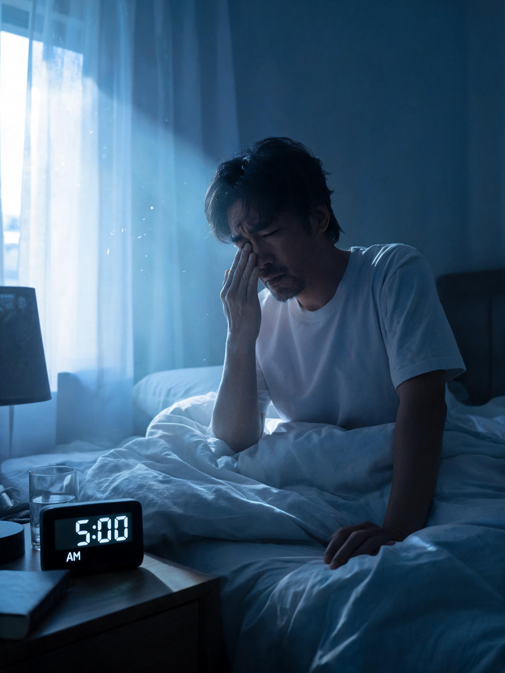 An ultra-realistic cinematic bedroom before dawn. A digital alarm clock shows 5: