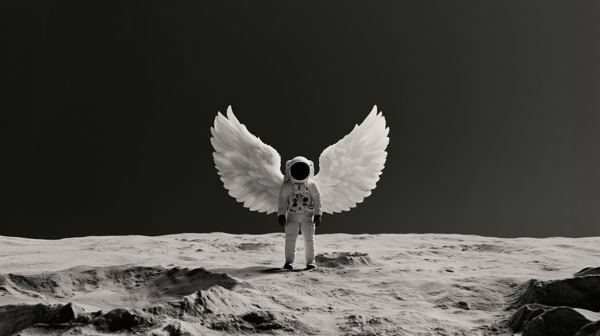 Astronaut in spacesuit standing on the moon wearing big white feathered angel wi