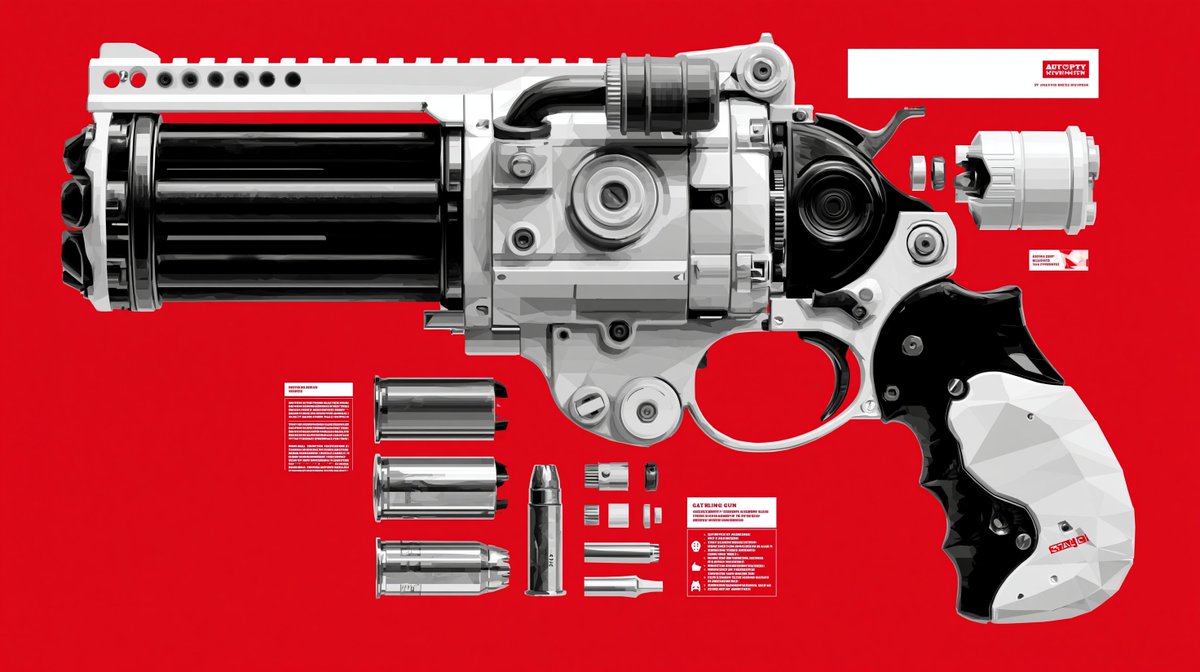 Autopsy infographic of geometric low-polygon gatling gun hybrid, parts and label