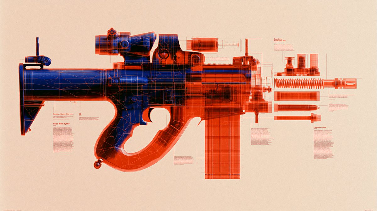 Autopsy infographic of geometric low-polygon transparent M134 Minigun hybrid, pa