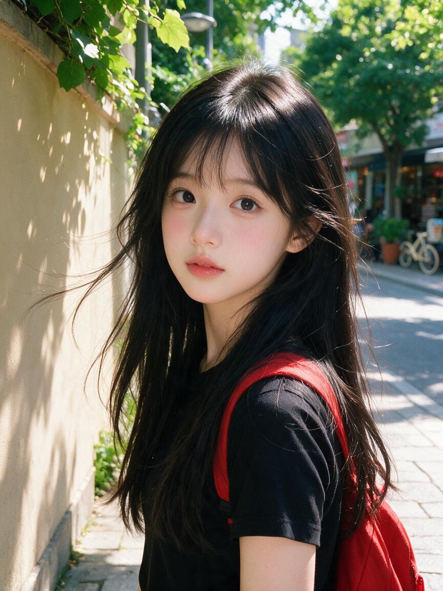 Beautiful young Japanese girl with long silky black hair and soft wispy bangs, l