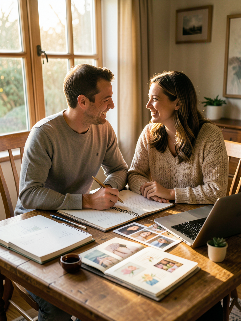 Cinematic, highly realistic 8k photo of a happy engaged couple sitting at a wood