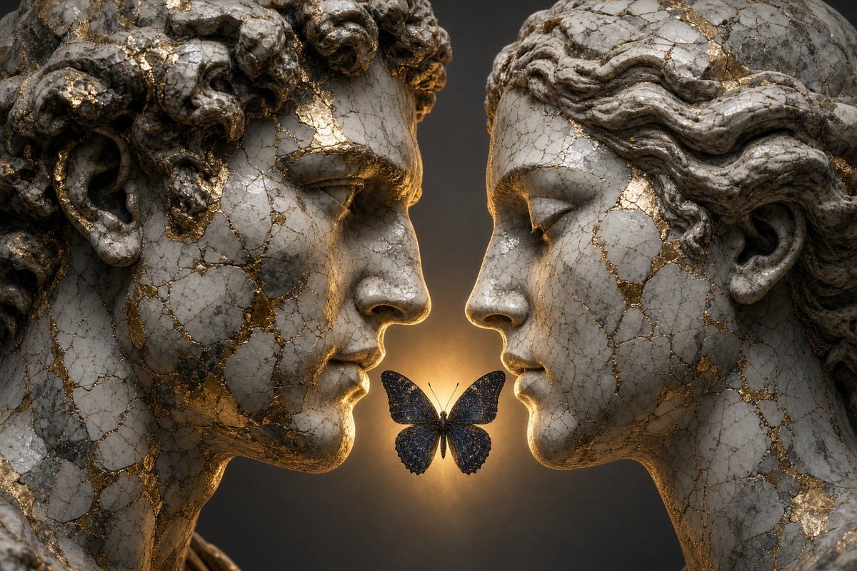 Close-up of two cracked classical sculpture heads facing each other in profile,