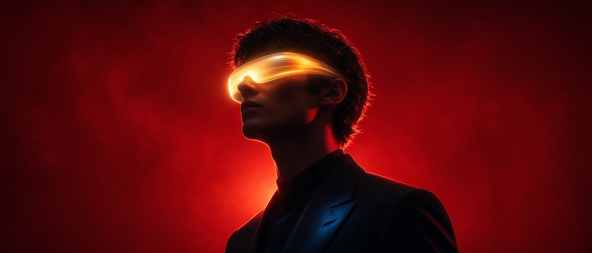 Create a futuristic cinematic fashion portrait in a vertical 21:9 composition. A
