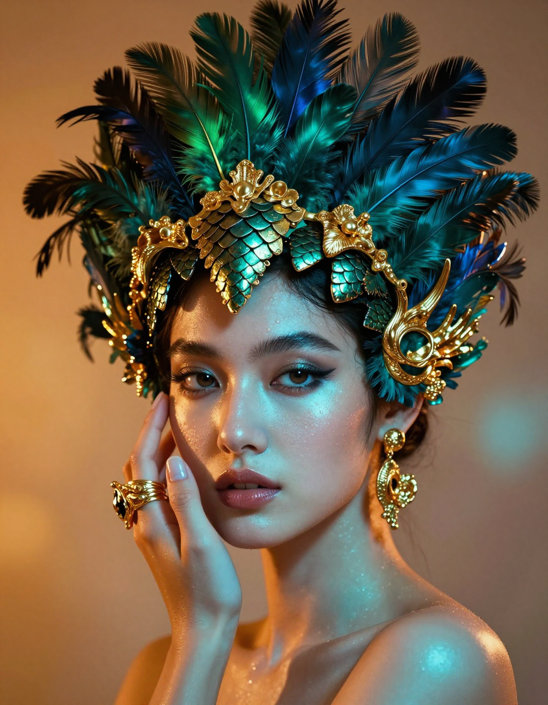 Create a high-fashion, avant-garde editorial portrait for a luxury beauty magazi