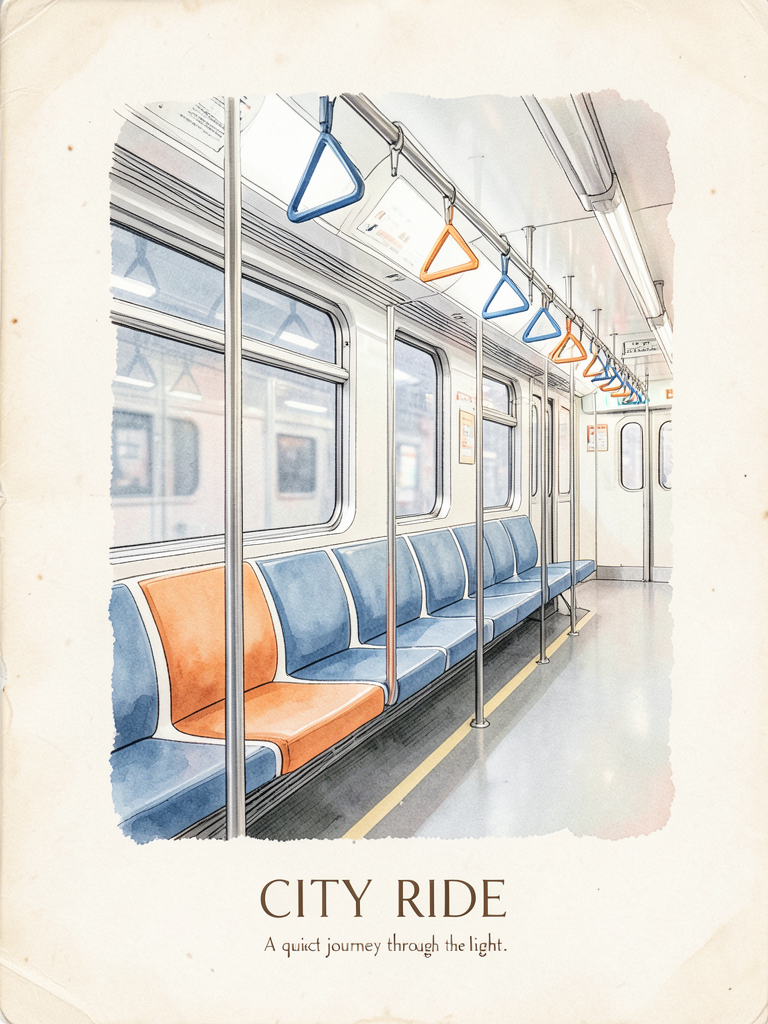 Create a serene, premium travel photograph of the interior of a modern city trai