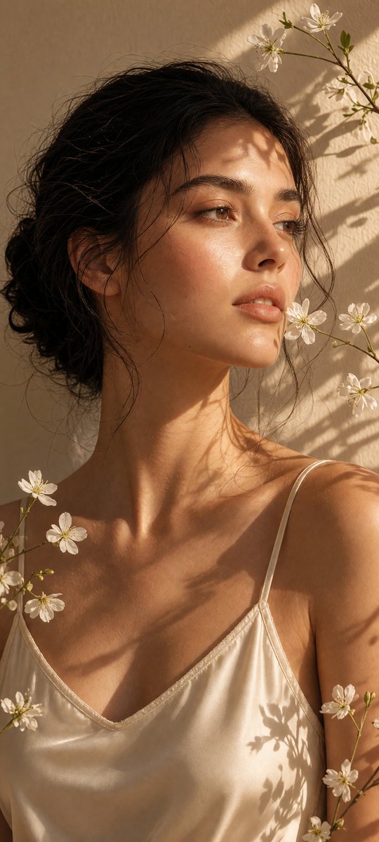 Create a vertical 4:5 ultra-realistic dreamy beauty-editorial portrait featuring
