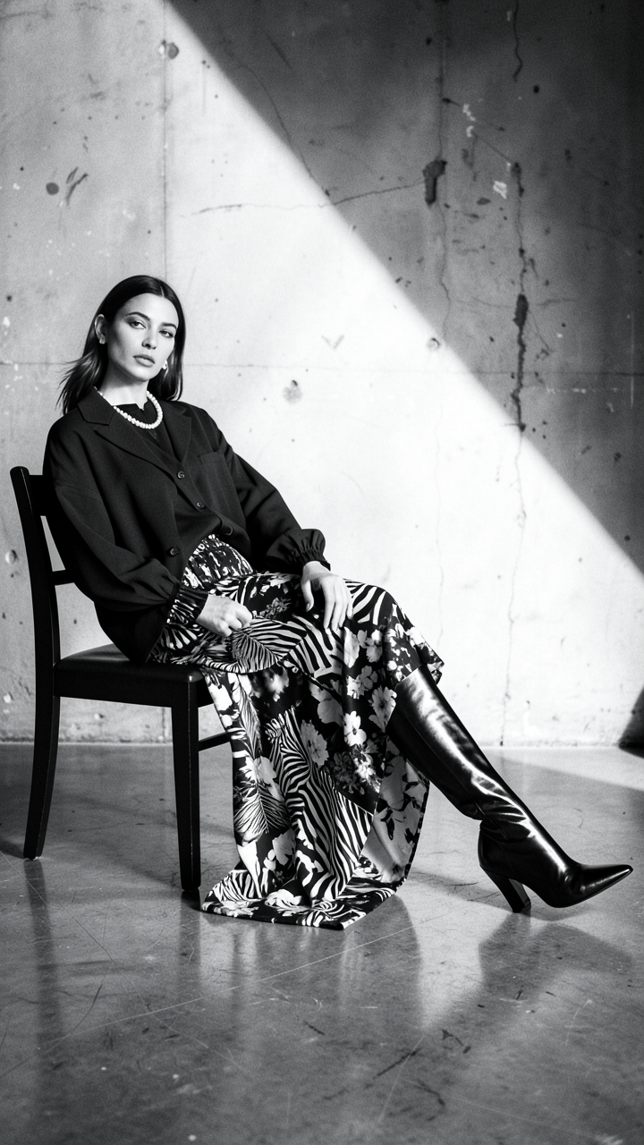 Create an ultra-realistic black-and-white high-fashion editorial photograph in a