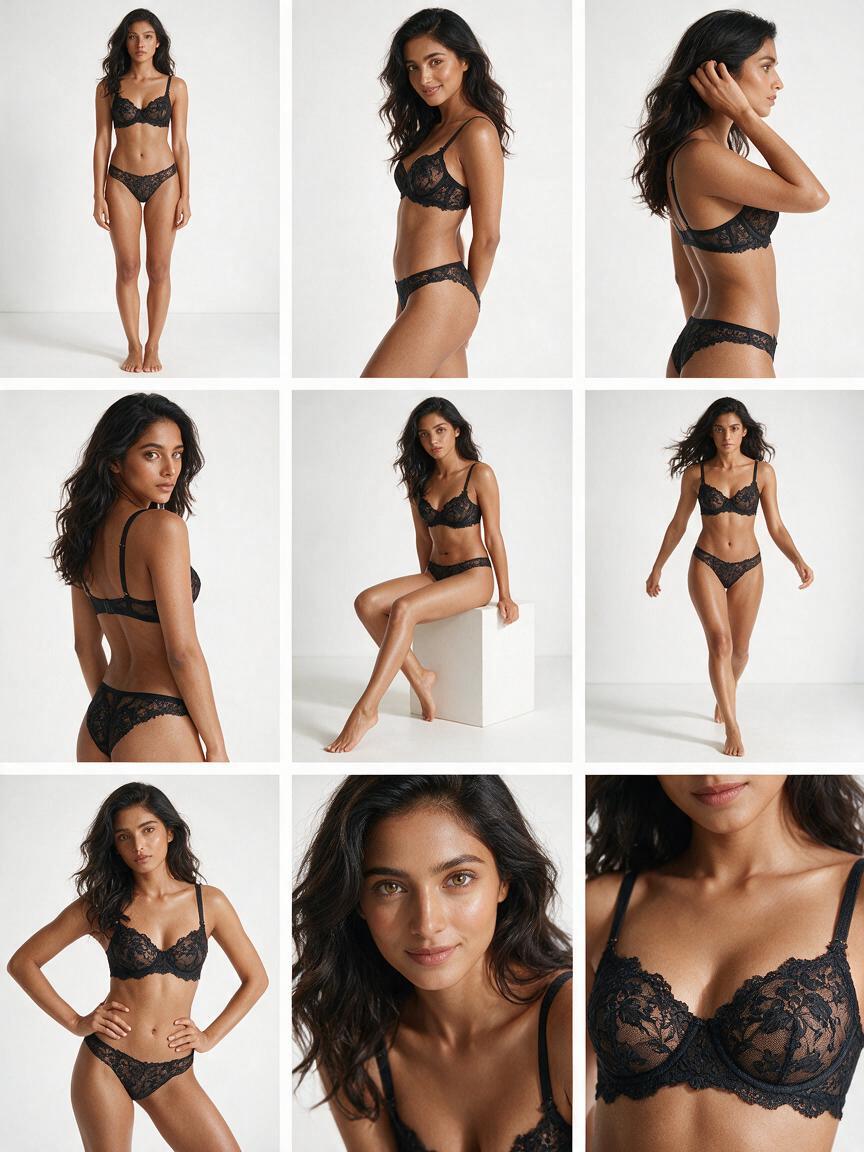 Create one photorealistic luxury fashion campaign contact sheet as a precise 3-c
