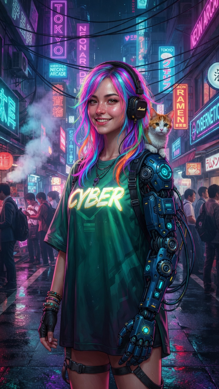 Cyberpunk tekno futurist Girl,In this style,the cat make the Orange and White, t