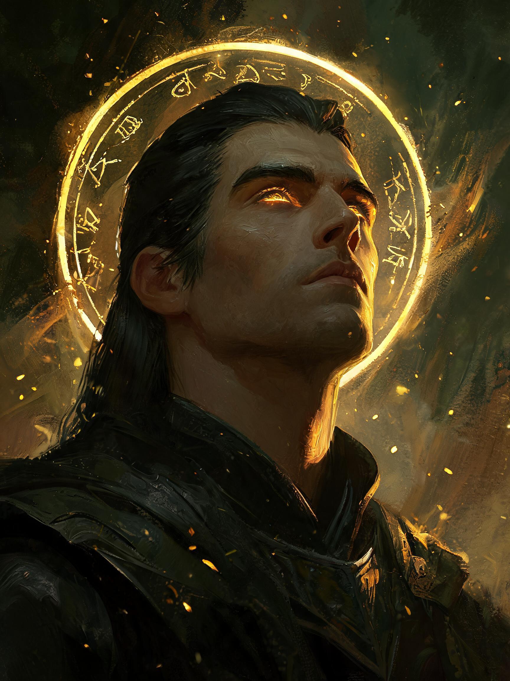 Expressive dark fantasy portrait of a mystic warrior with a contemplative upward