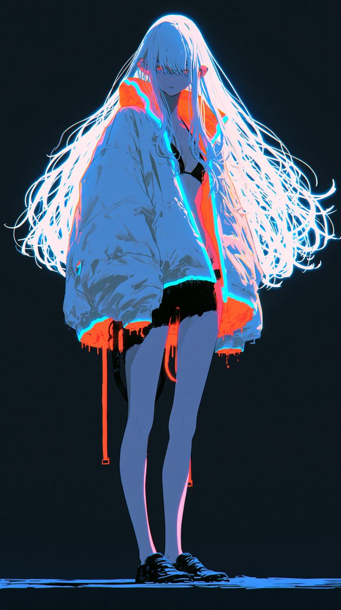 full body view of a mysterious anime woman, long flowing white hair, futuristic