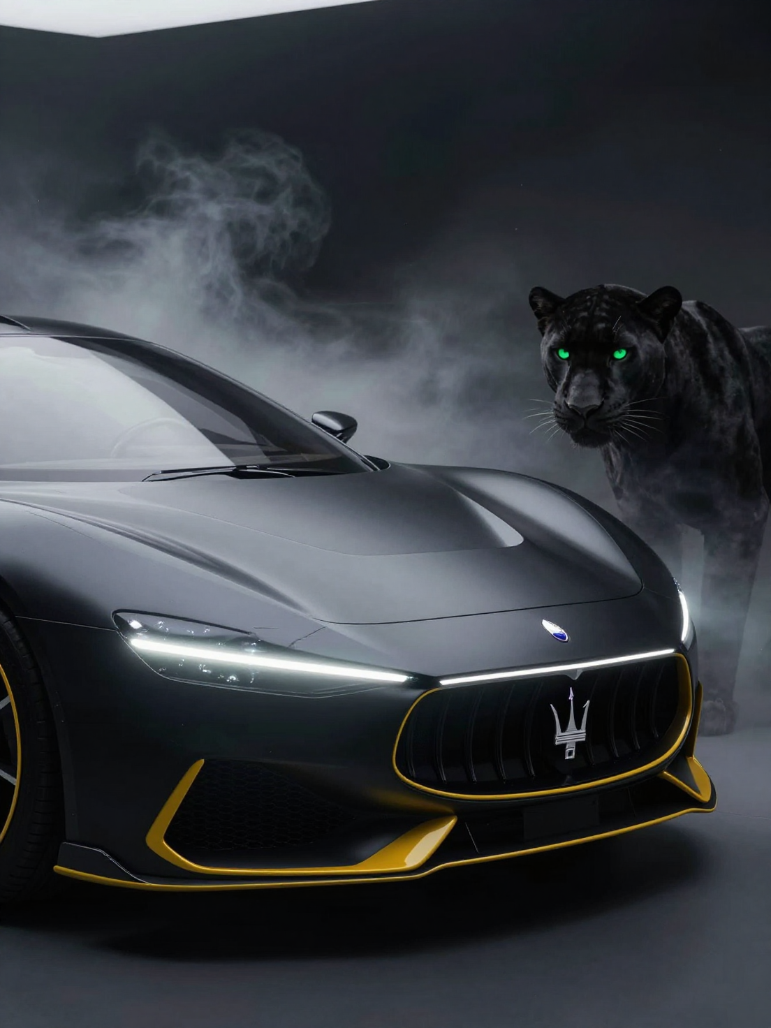 Futuristic Maserati concept car in matte black with matte intense yellow trims,