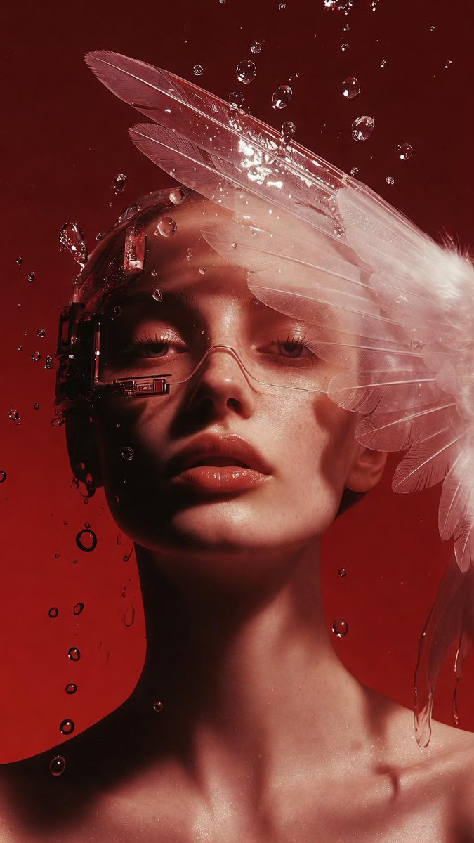 Her face, half covered by a translucent angel wing, hints at the technology bene
