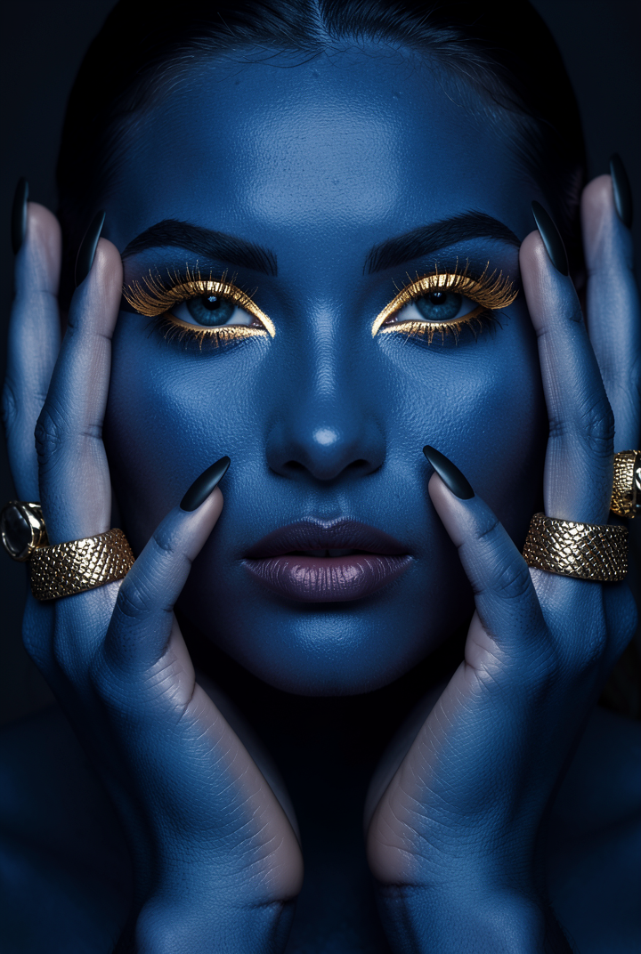 High-fashion beauty portrait, deep blue-toned skin, thick metallic gold eyelashe