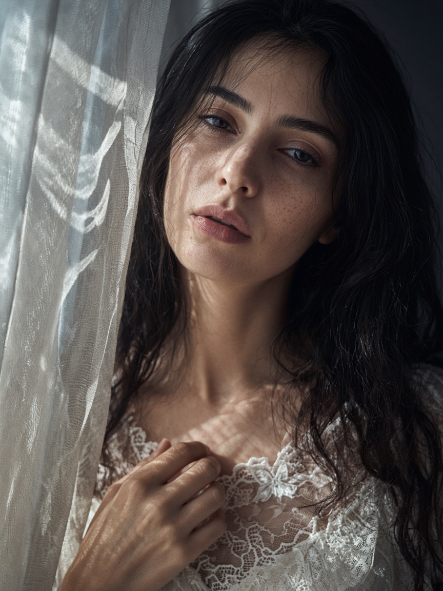 Intimate close-up portrait of an adult woman, head tilted gracefully toward the