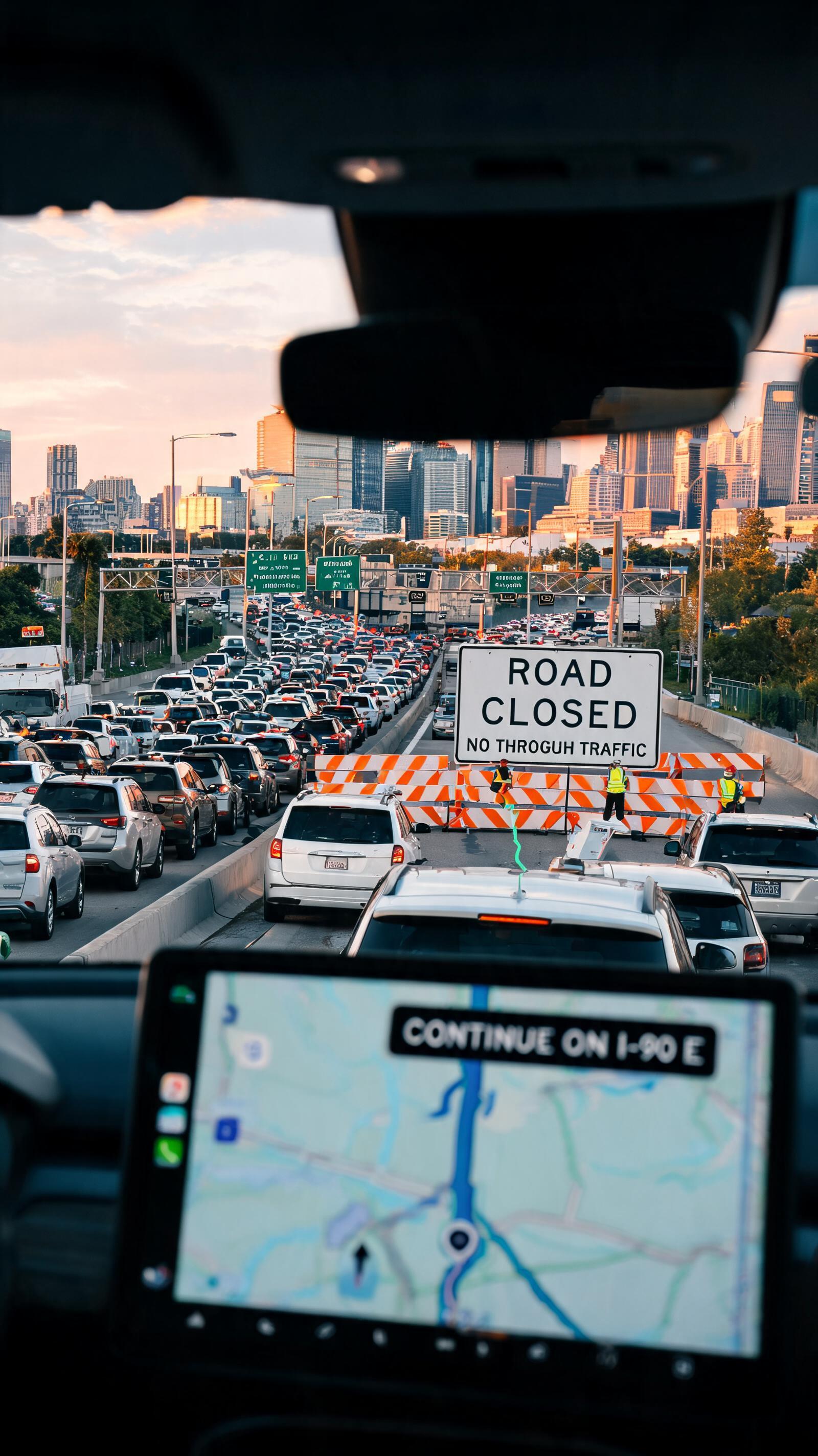 Large realistic highway closure in a modern city while navigation systems and tr
