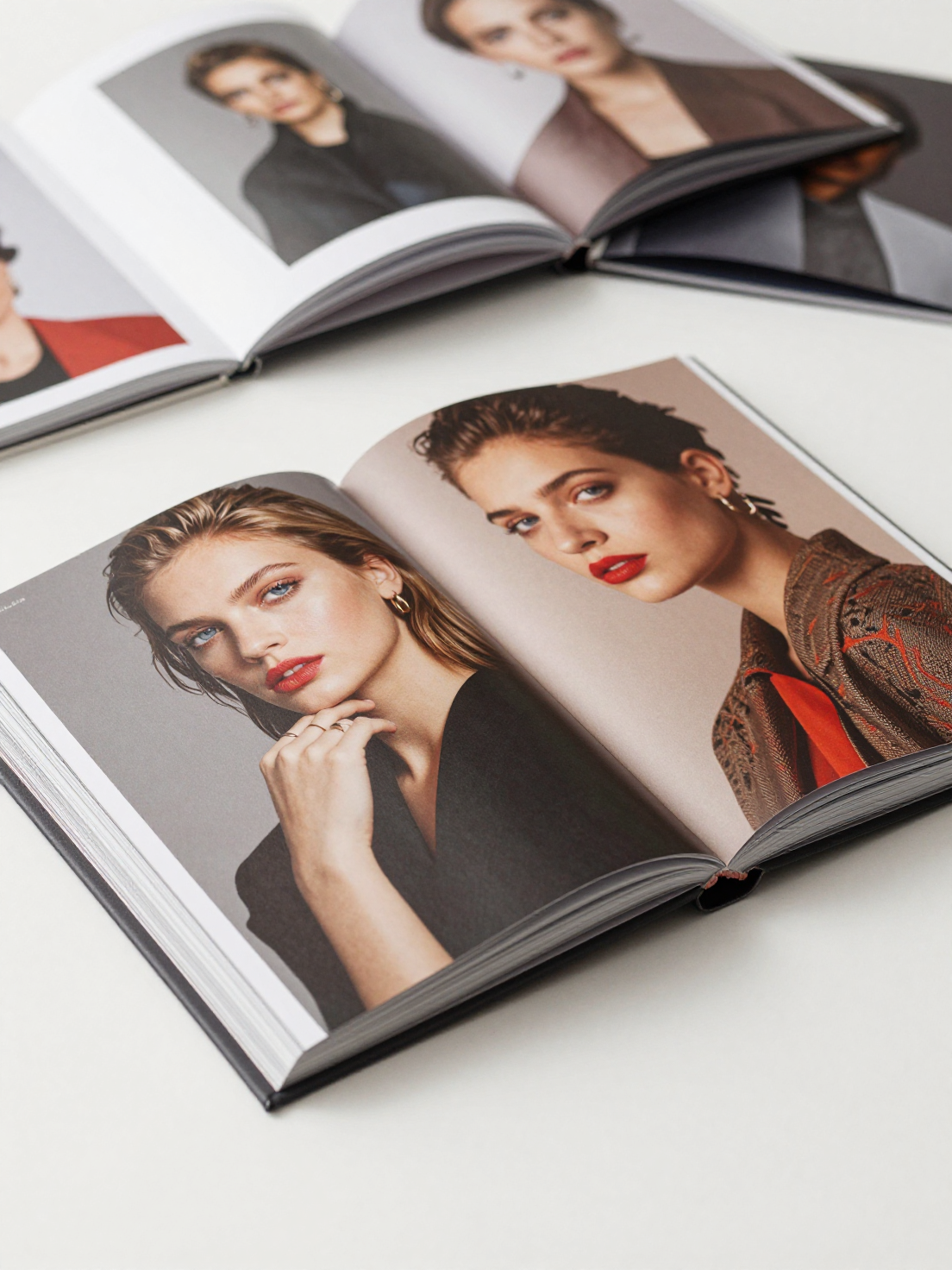 Luxury photorealistic coffee table book, open to two pages, showcasing an artist