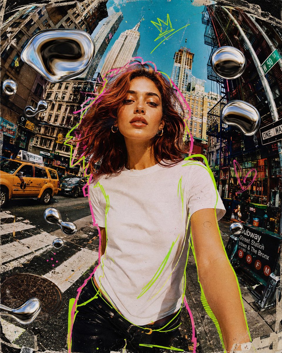 Mixed media collage animation style, a stylish young woman walking confidently t