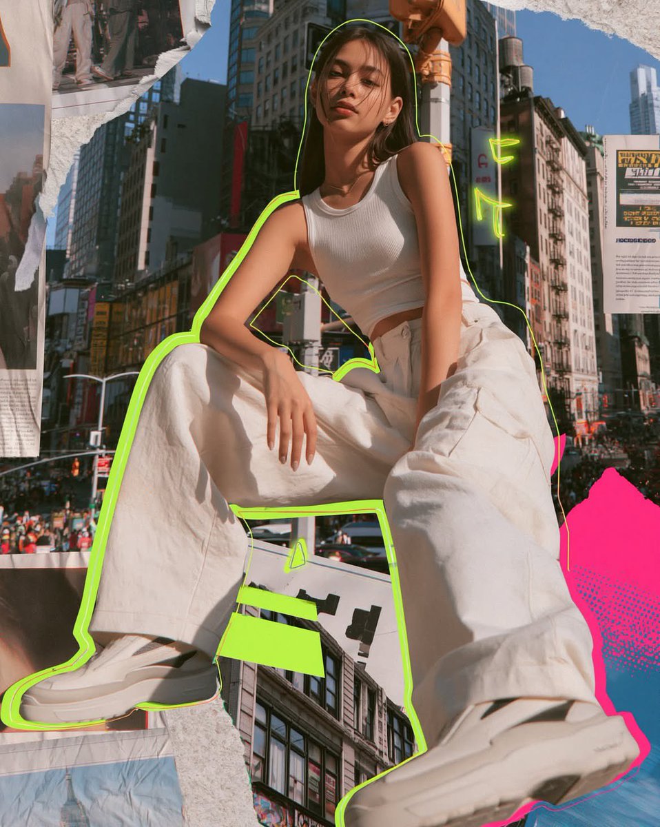 Photorealistic mixed media fashion collage of a cool young woman in a modern urb